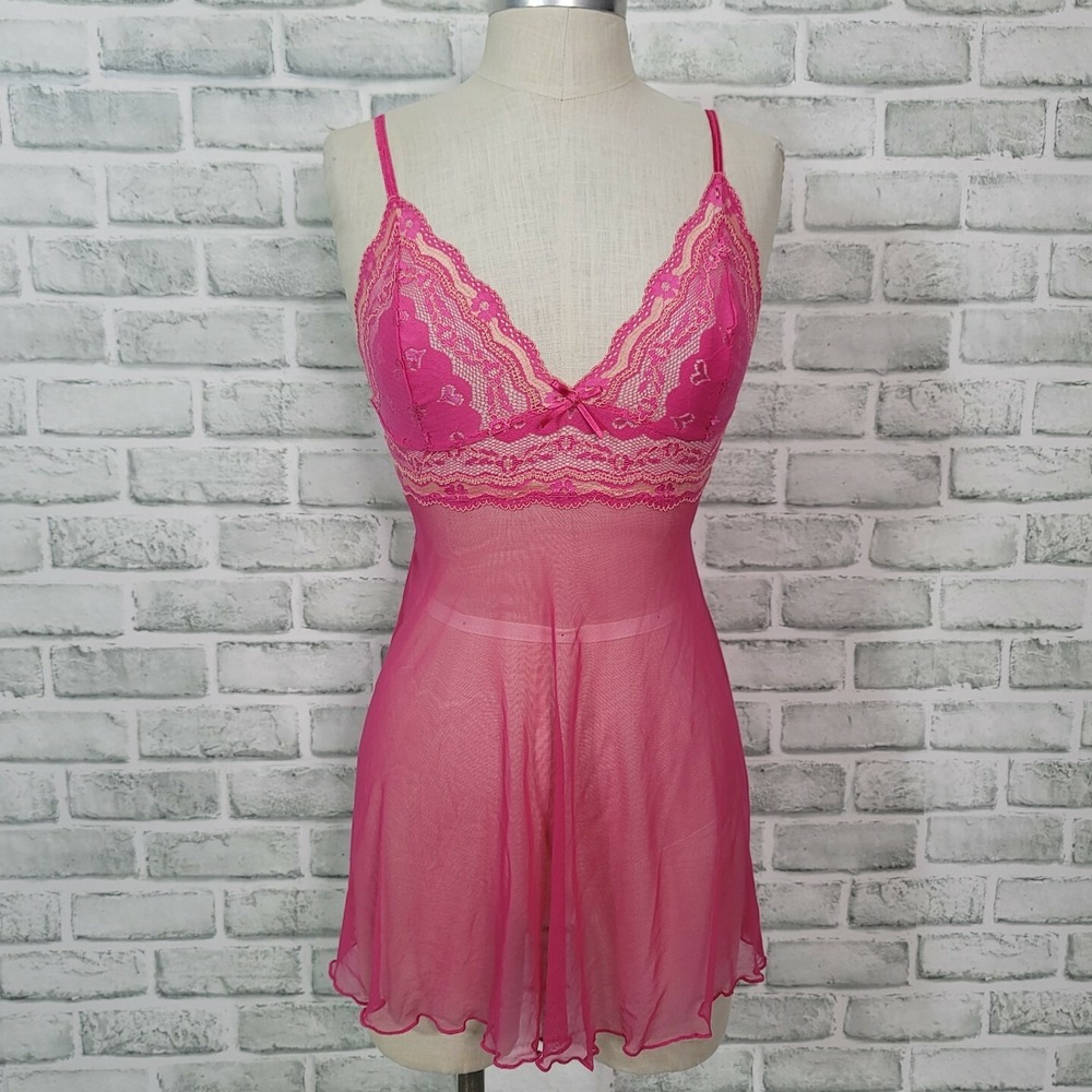 Hot Pink Floral‎ Lace Sheer Babydoll with Thong Escante Collection Lingerie